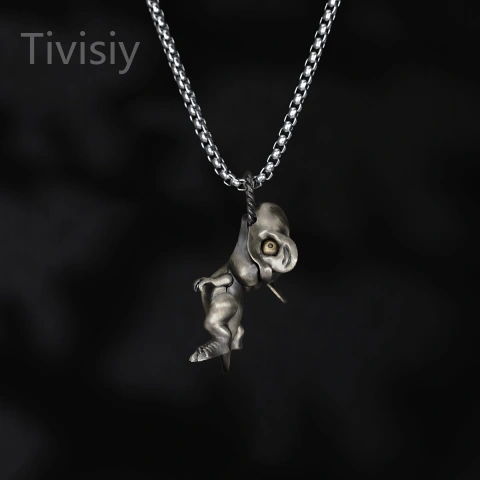 S925 Silver Artistic Velociraptor Dino Retro Pendant with Moveable Limbs and Biteable Mouth